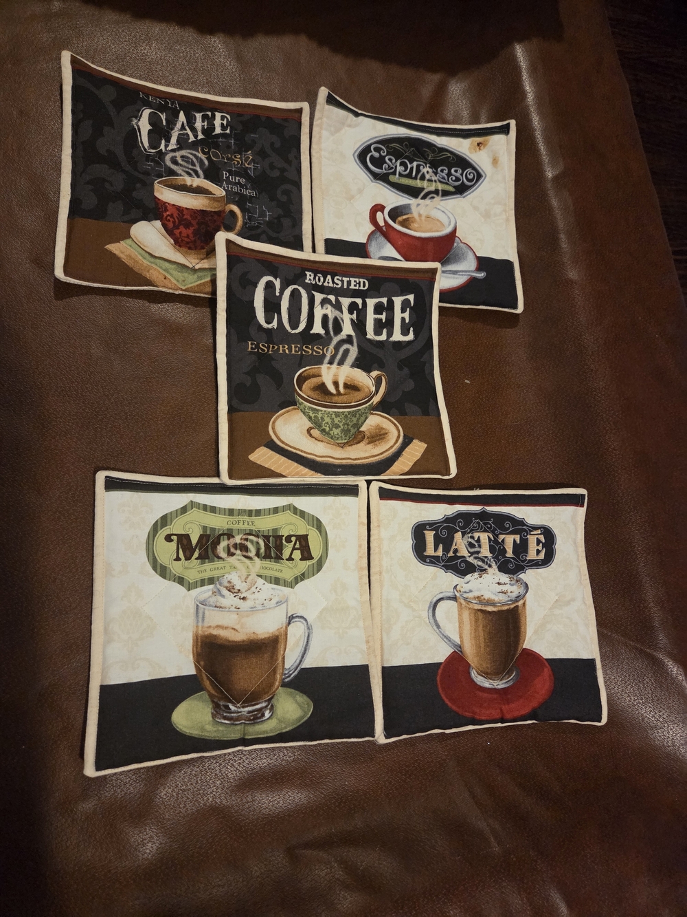 Coffee-Themed Decorative Coasters Set - Brown, Red, Green